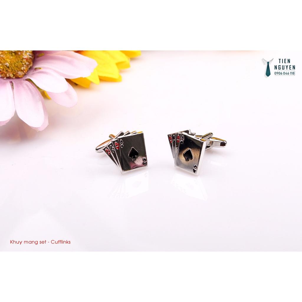 Khuy Cài tay áo Măng Set cao cấp đính đá - cufflinks , tặng kèm hộp nhỏ, bình bộ bài