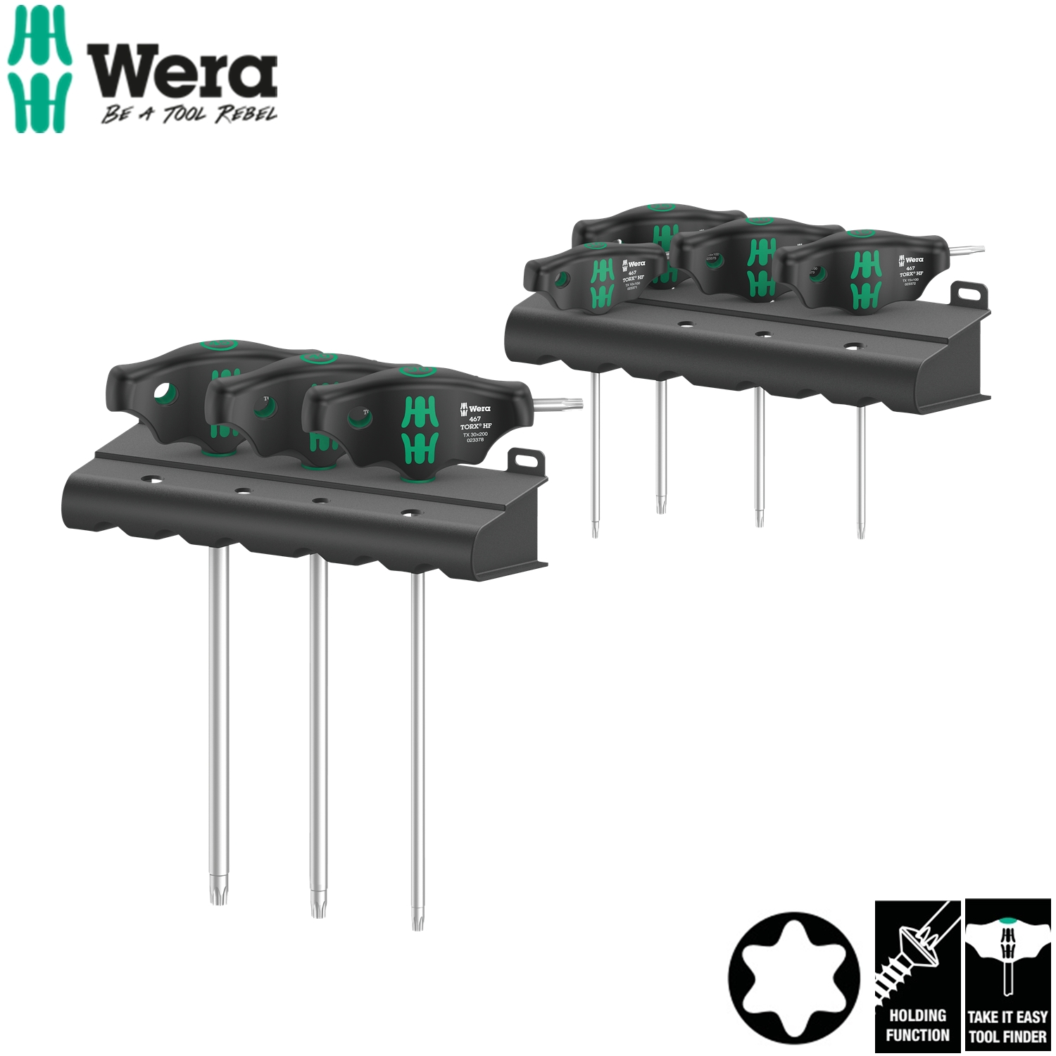 Bộ tua vít hoa thị chữ T Wera 467/7 TORX HF Set 1 mã 05023452001 với bi giữ vít gồm 07 cái kèm 02 giá treo nhựa