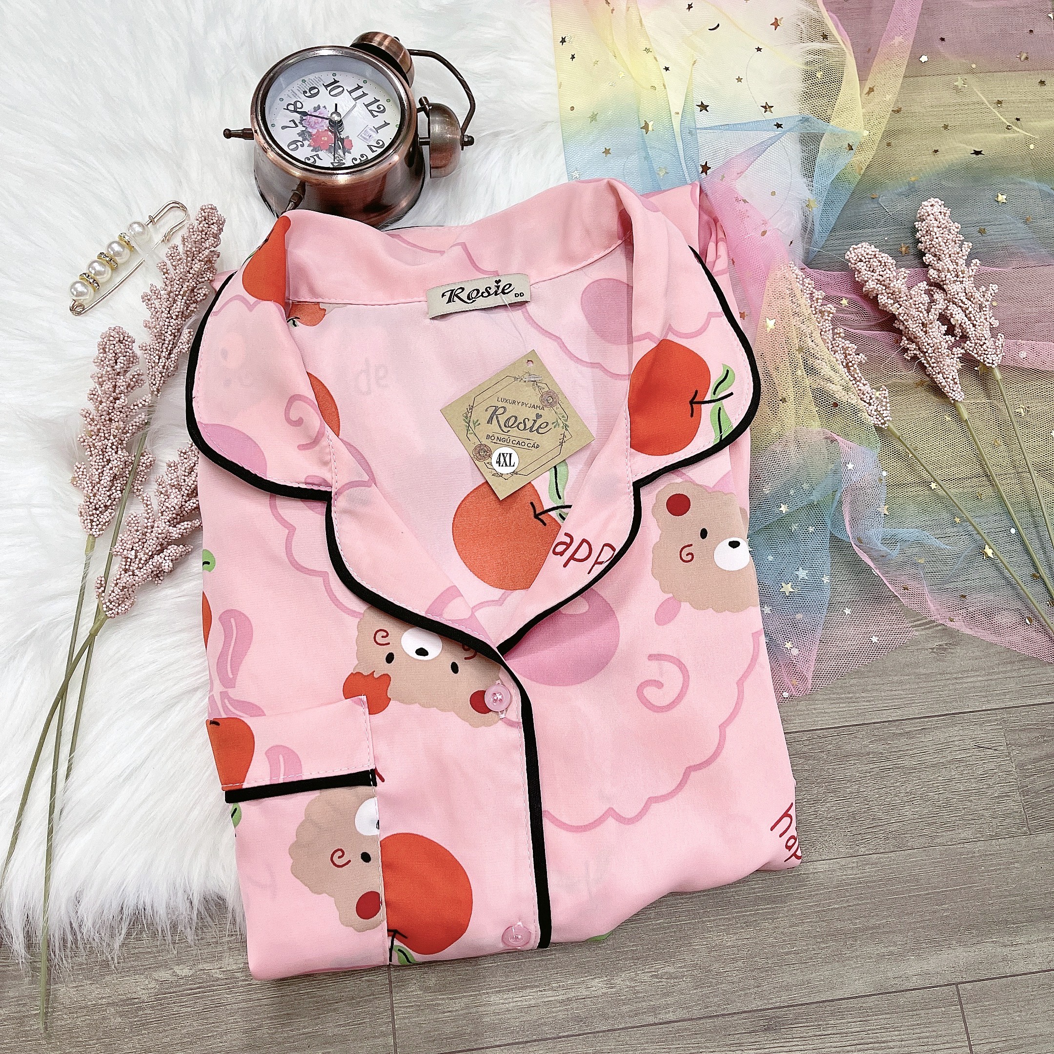 Đồ Bộ Pijama Lụa Mango Cao Cấp Tay Dài Quần Dài (gấu hồng/gấu đen/ô hồng) Bigsize 60-75Kg