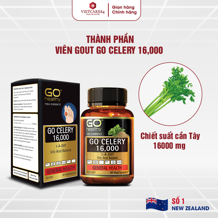 Viên gout nhập khẩu chính hãng New Zealand GO CELERY 16000mg (60 viên) giúp giảm các triệu chứng bệnh gút: giảm uric acid, làm giảm triệu chứng sưng đau do gut