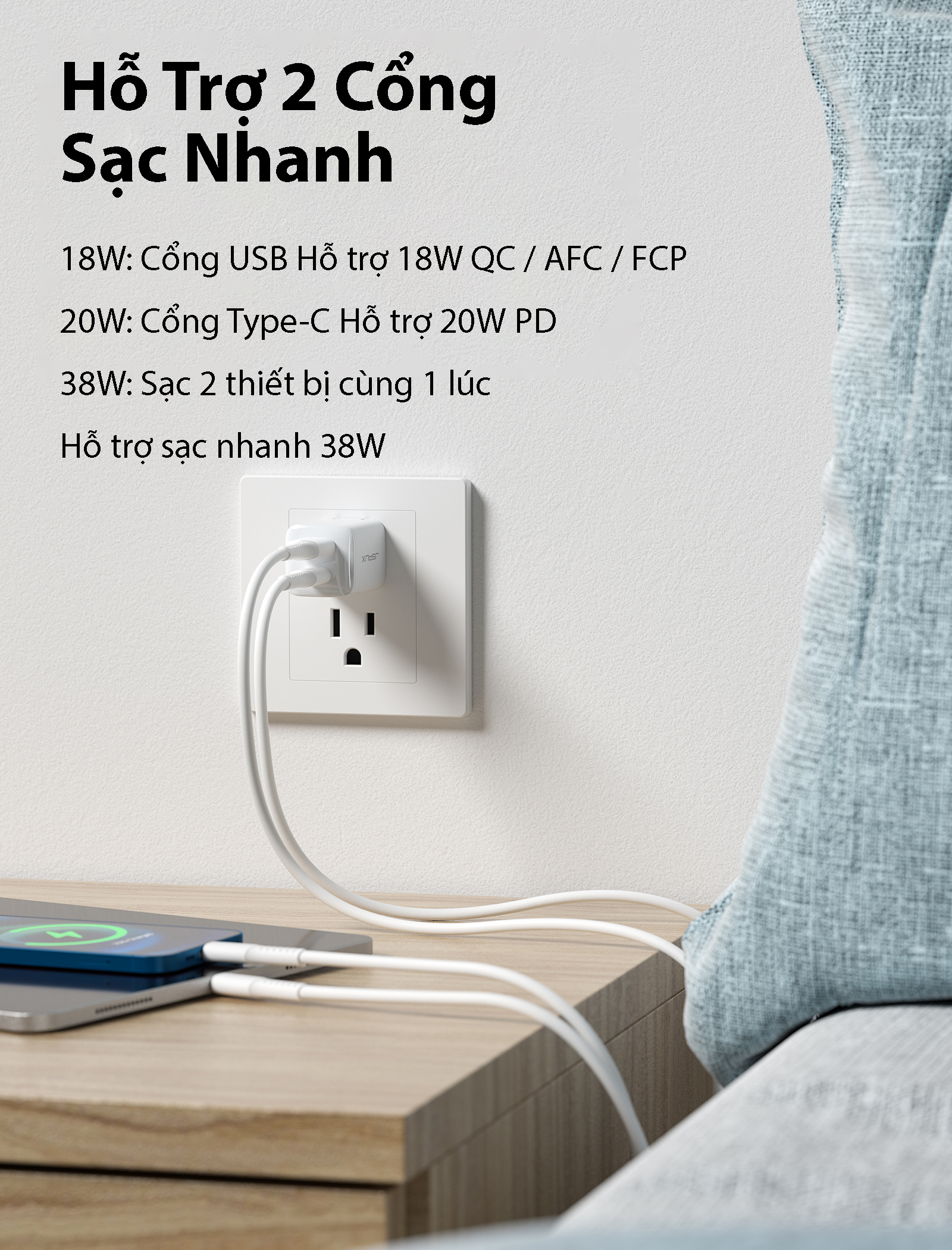 Củ Sạc Nhanh 20W Mini CH2002 JSAUX Sạc Chuẩn PD – Cho iPhone, iPad, Samsung, Oppo, Huawei… USB-C PD 20W và USB-A 18W - Hàng chính hãng