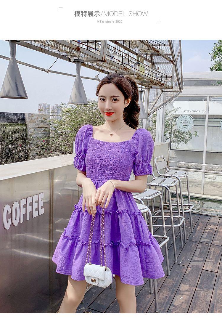 DIYIWEI Phụ nữ mùa hè 2023 Square Neck Pleated Bubble Sleeve Thu hẹp eo Khoai tây tím Vintage Pháp Orange Terrier Dress