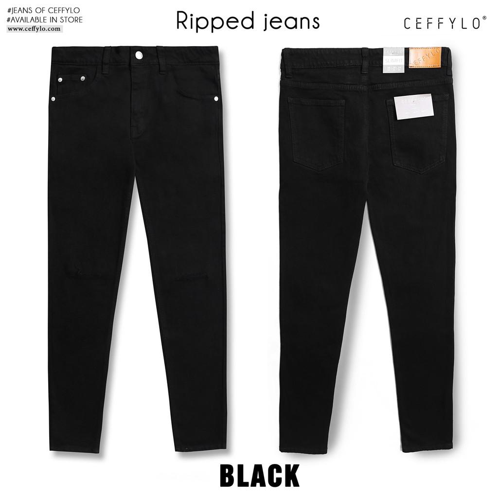 Quần Jeans rách gối Đen nam form slimfit CEFFYLO , chất Jean thun co giãn nhẹ