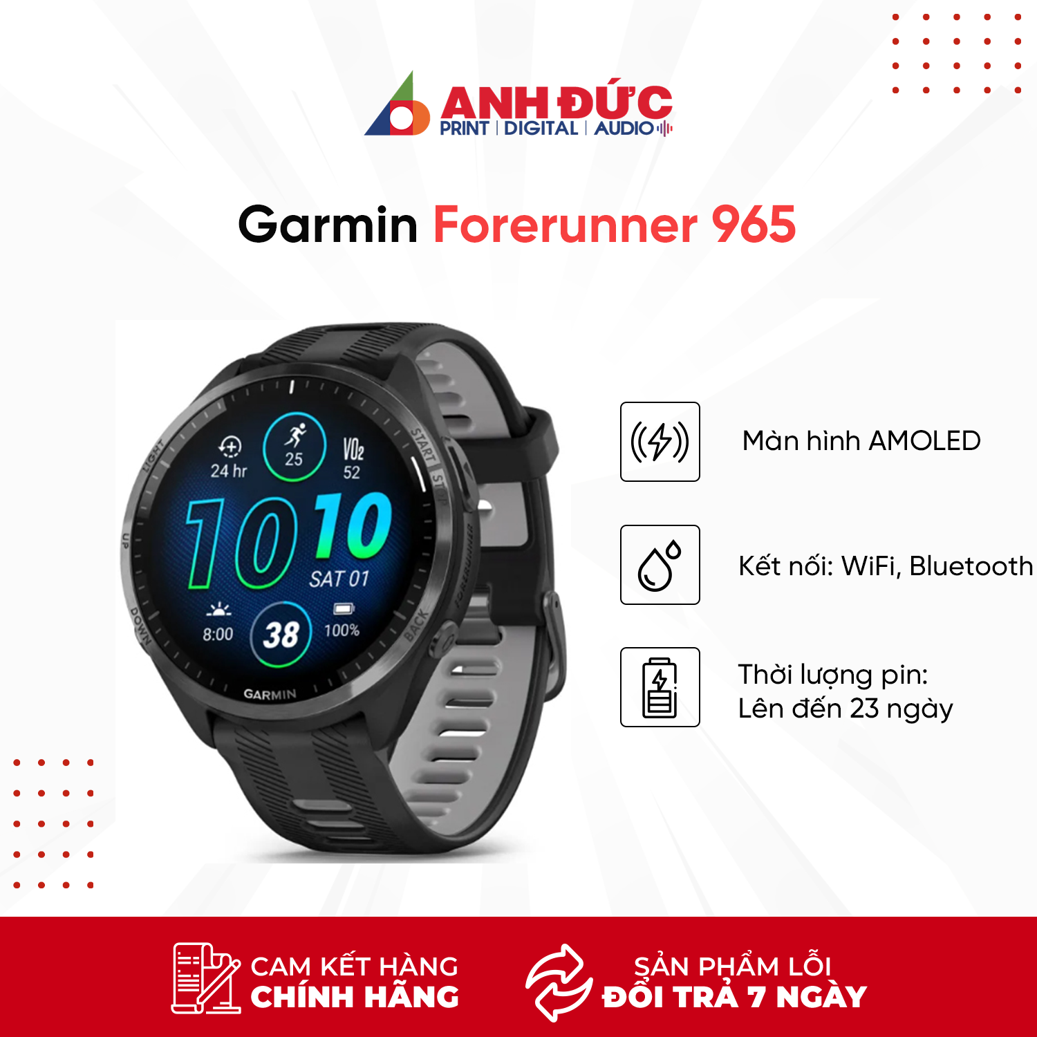 Đồng Hồ Chạy Bộ Garmin Forerunner 965 - Vòng Đeo Thông Minh Theo Dõi Sức Khỏe - Hàng Chính Hãng FPT