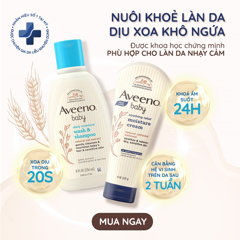 Bộ làm sạch &amp; dưỡng ẩm dành cho em bé da nhạy cảm Aveeno Daily Moisture (227g+236ml)