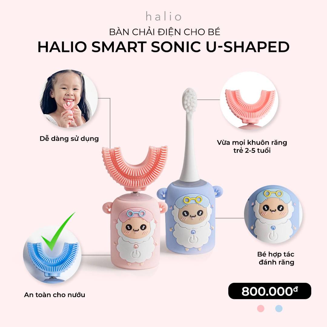 Combo Bàn Chải Đánh Răng Điện Chữ U Cho Bé Pink và Bàn chải điện Halio Periwinkle