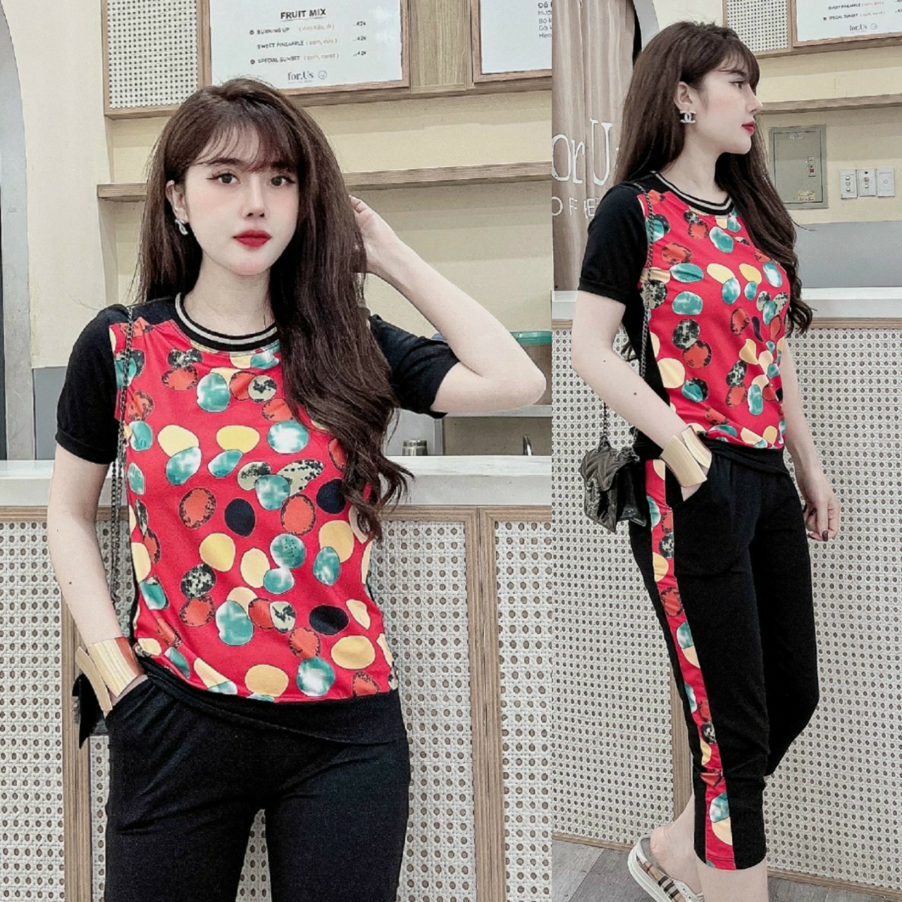 Đồ bộ lửng thun cotton hoạt tiết bóng tròn