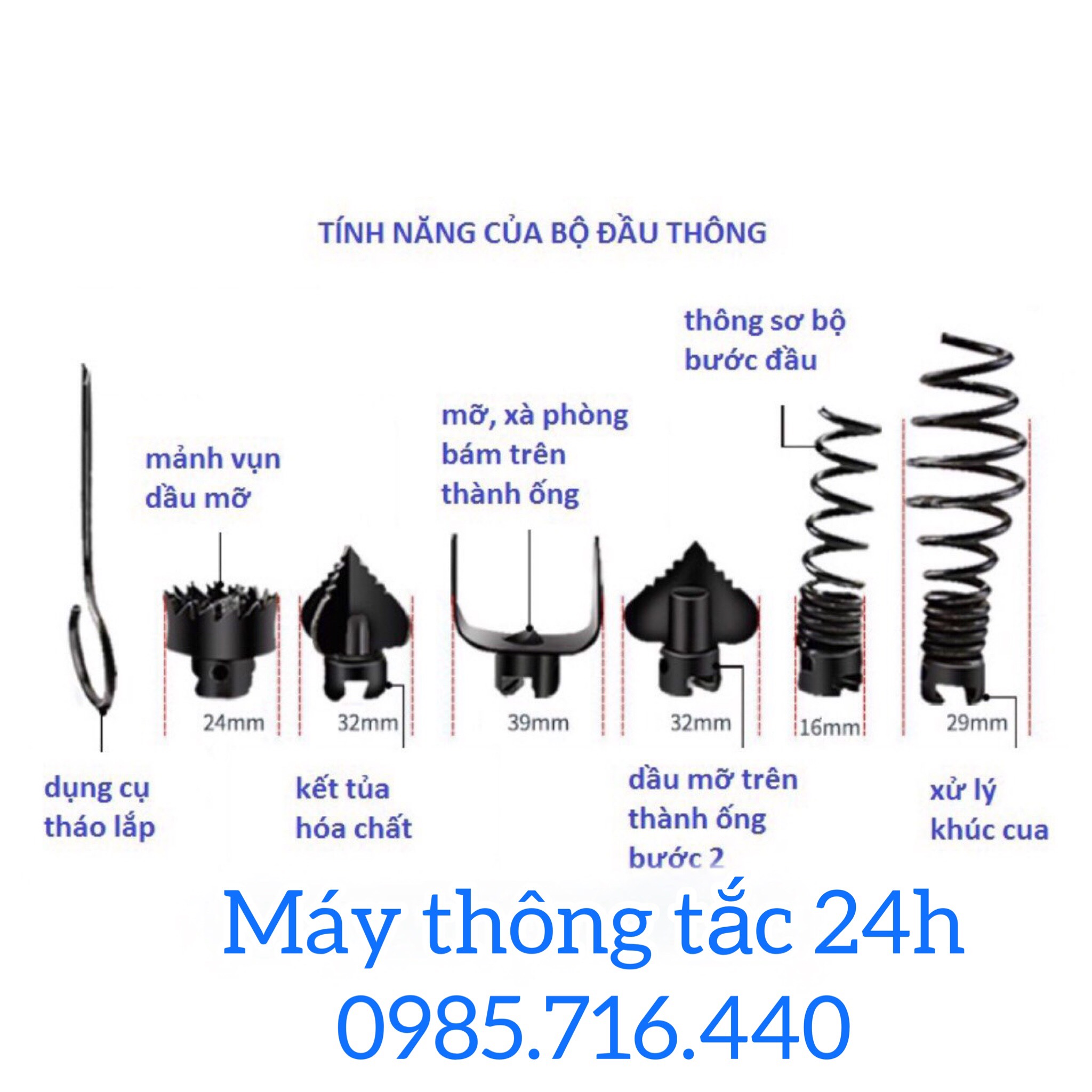 Dây thông tắc cống dùng tay quay(12m dây thông phi 16, 6 đầu thông, và 1 tay quay)