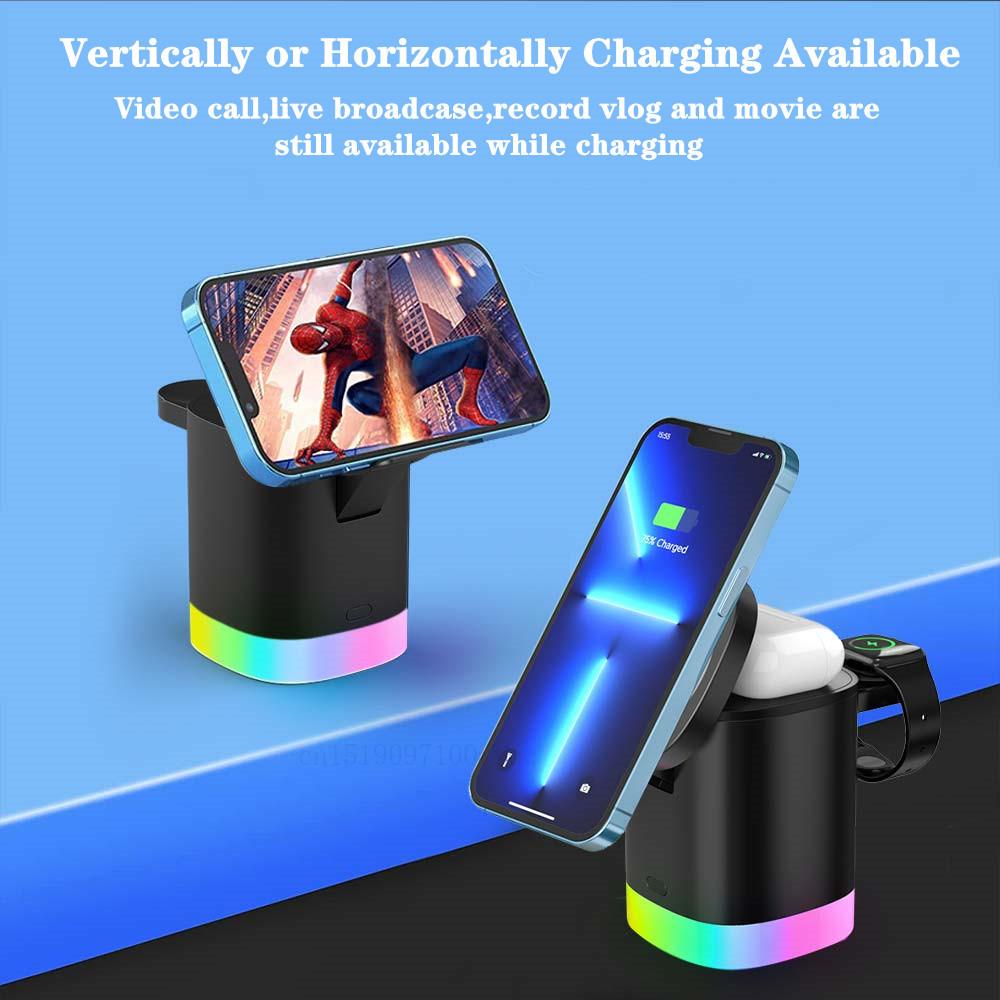 Bộ sạc không dây từ tính 3 trong 1 cho iPhone 14 13 12 Pro Max có thể gập lại trạm sạc nhanh có đèn RGB cho Apple Watch 8 7