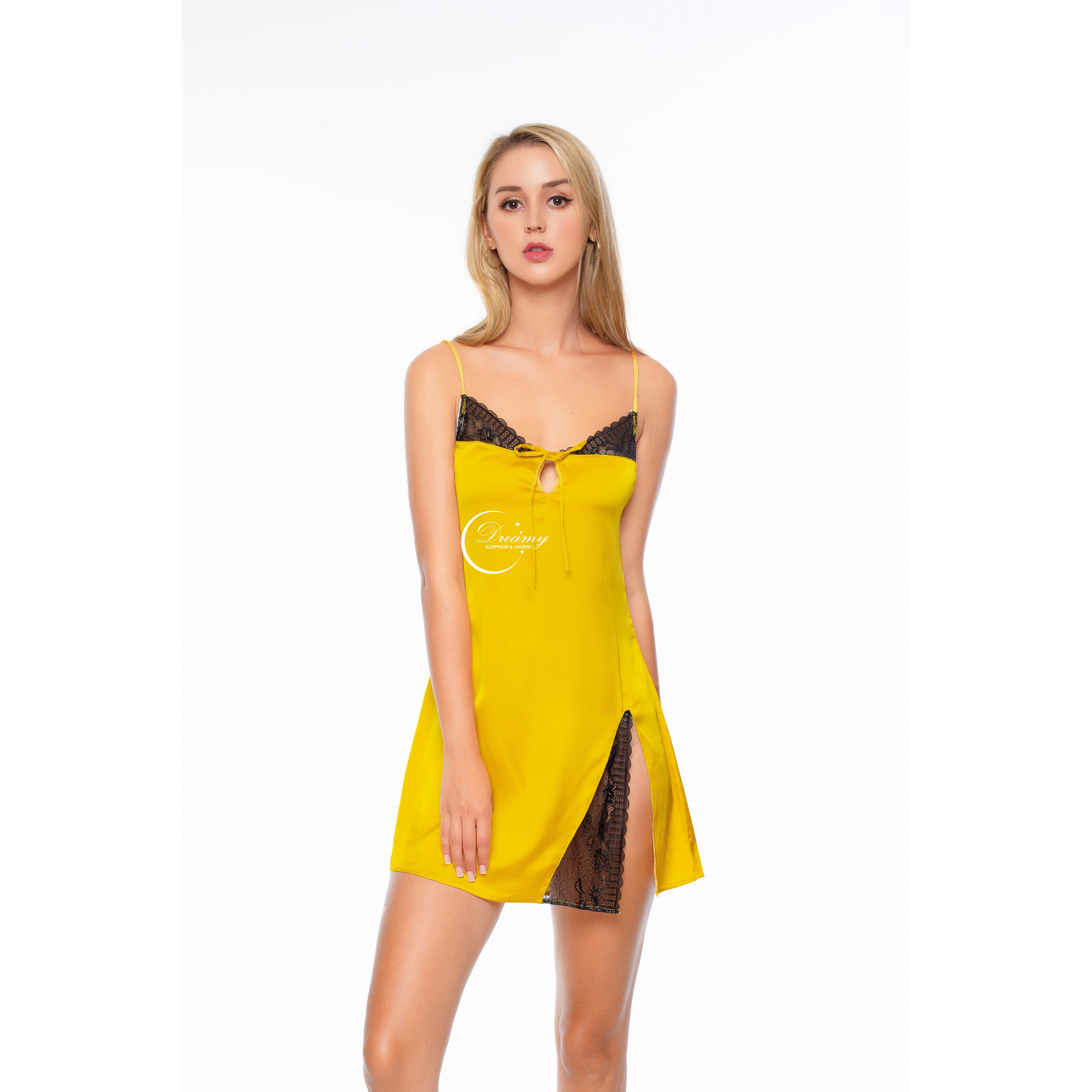 Dreamy-VS06-Váy ngủ lụa cao cấp, váy ngủ nữ, váy ngủ 2 dây, váy ngủ gợi cảm, váy ngủ sexy, đầm ngủ lụa mặc nhà Phối ren xẻ tà có 2 màu vàng và đỏ đô