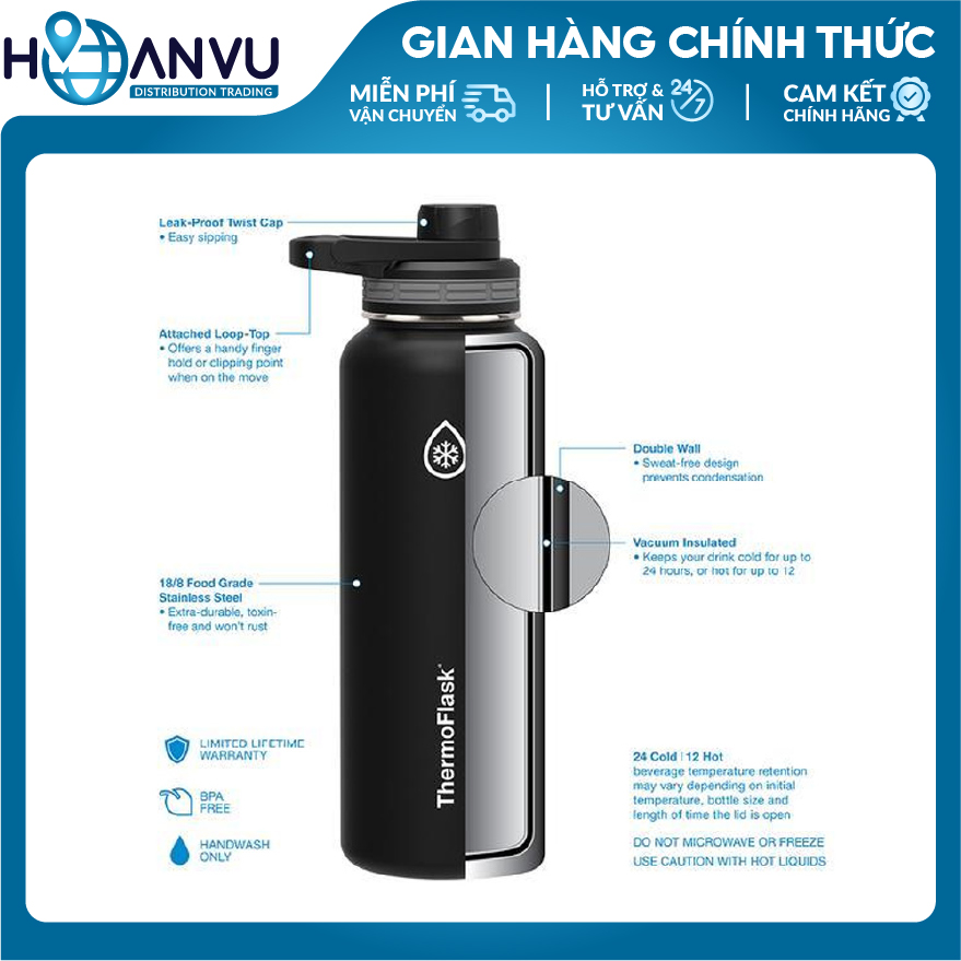 Bình Giữ Nhiệt Thép không Gỉ ThermoFlask Leakproof Spout Lid, 4 màu (710ml)