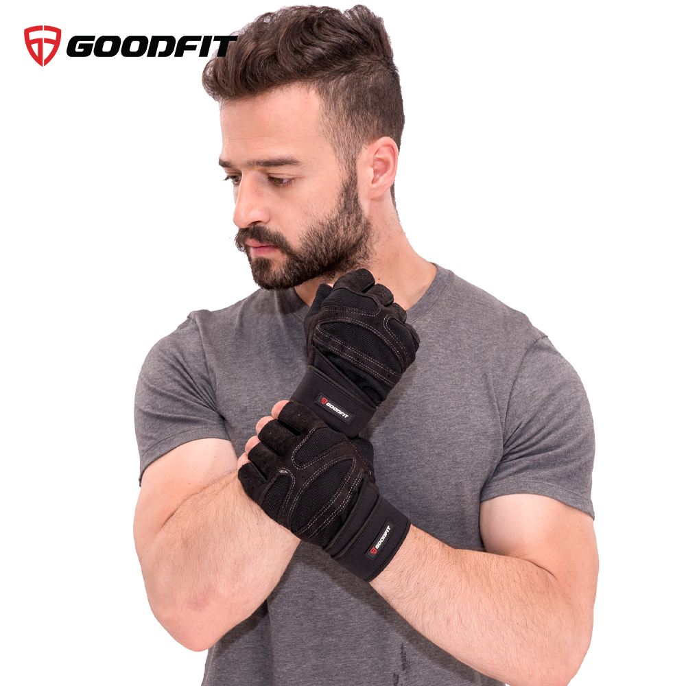 Găng tay tập gym nữ/nam hở ngón, bao tay tập Gym nữ/nam có quấn trợ lực cổ tay, đệm Silicone chống trượt GoodFit GF201G