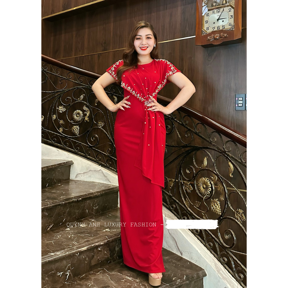 Đầm Dạ Hội Dáng Dài Đỏ Cổ Tròn Kết Đá Lily Dress