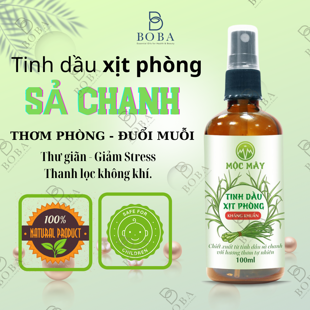 Tinh Dầu Xịt Phòng Sả Chanh, Khử Mùi, Thơm Phòng, Xua Đuổi Côn Trùng, Thanh Lọc Không Khí Mộc Mây 100