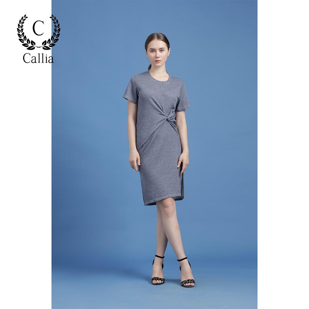 Đầm thun suông dài nữ Callia Knoti Polka tay ngắn cổ tròn (Xanh nhạt)