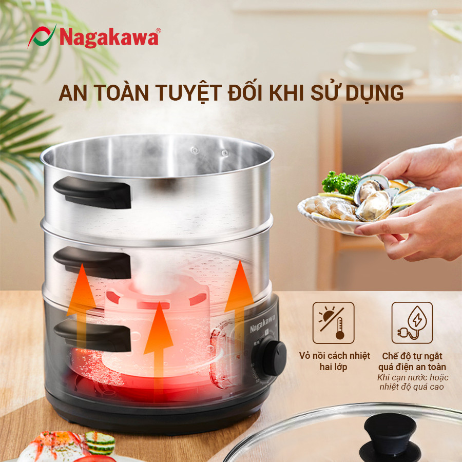 Nồi hấp điện inox đa năng Nagakawa NAG3310 (1300W - 11.8 Lít) - Hàng chính hãng