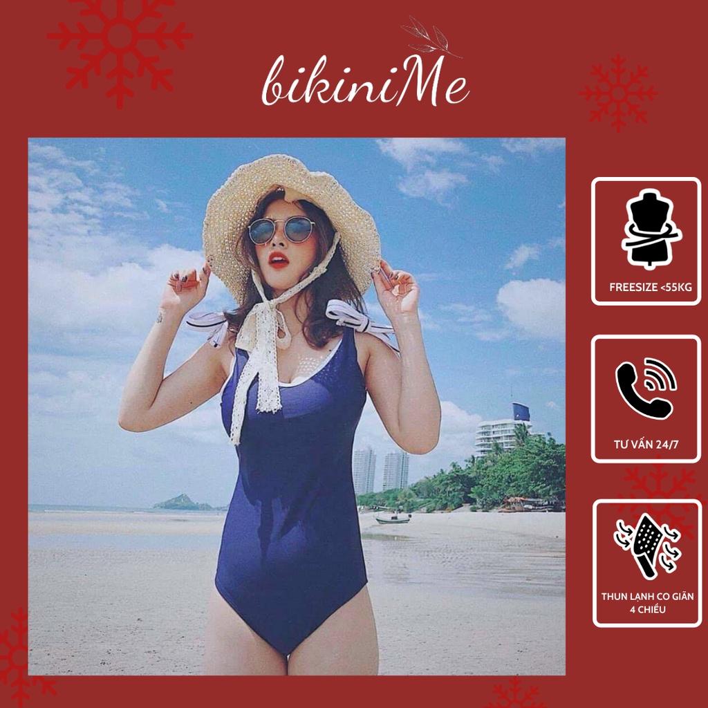 Bikini Đồ Bơi Một Mảnh Liền Thân Nơ Vai Màu Xanh Biển Dễ Mặc Freesize <57Kg R18