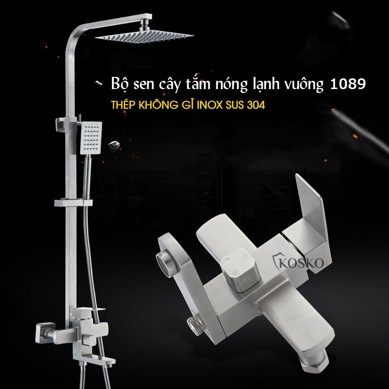 Sen cây tắm đứng nóng lạnh inox 304 KOSKO (BH 24 THÁNG), sen tắm nóng lạnh vuông