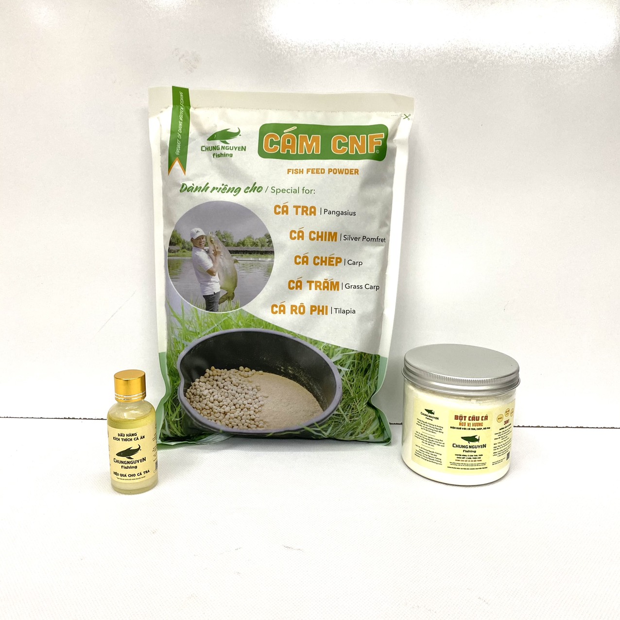 Combo 1kg Cám CNF, 1 Chai Dầu Hăng, 1 Hũ Bột Chung Nguyen Fishing Chuyên Dùng Câu Cá Tra, Chép, Rô Phi, Trắm, Trôi