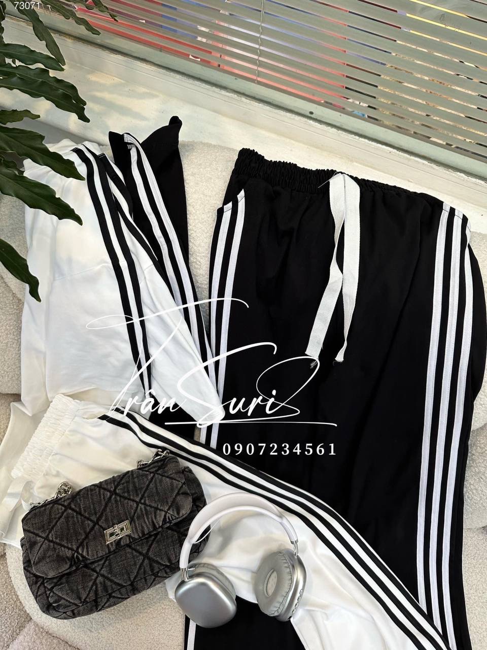 ĐỒ BỘ SET QUẦN THUN THỂ THAO DÀI ỐNG RỘNG LƯNG CAO ĐEN TRẮNG + ÁO SUÔNG TAY NGẮN ĐI BIỂN DẠO PHỐ ĐI CHƠI ĐI TIỆC