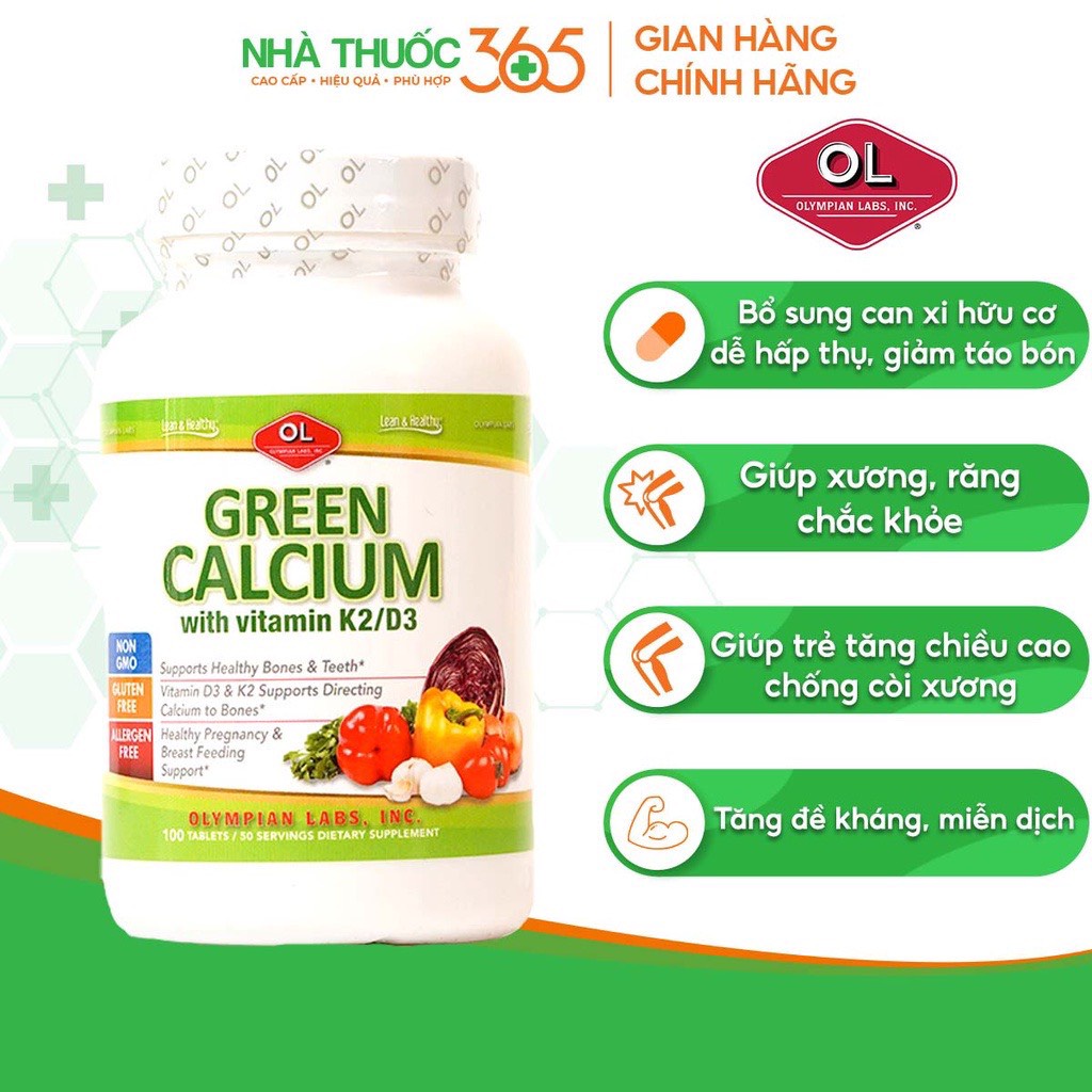 Viên Uống Olympian Labs Green Calcium Bổ Sung Canxi Hữu Cơ Cho Bà Bầu, Trẻ Em, Người Lớn - Hộp 100 Viên