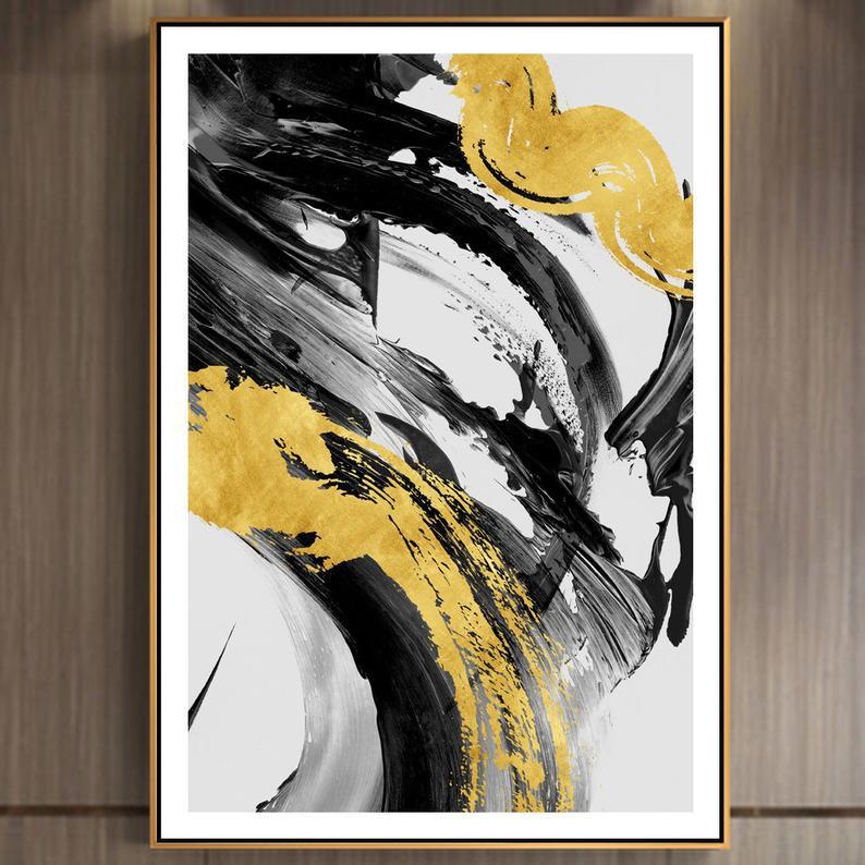 Tranh Canvas Cao Cấp | Tranh trừu tượng Abstract ink artwork, black and gold foil wall art