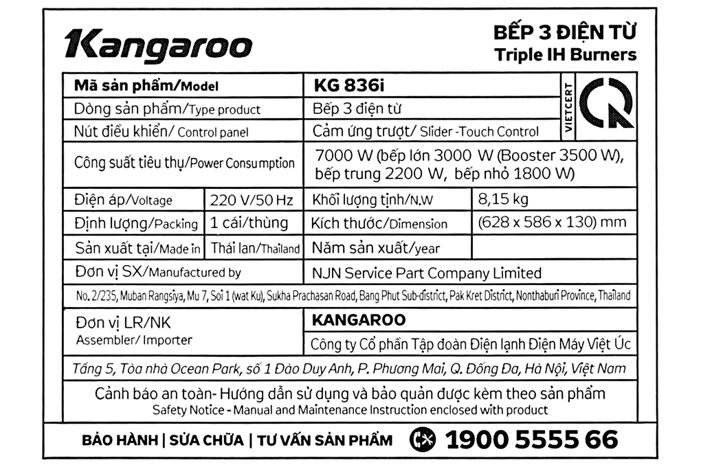 Bếp Từ Ba Vùng Nấu Lắp Âm Kangaroo KG836i - Hàng Chính Hãng Thái Lan