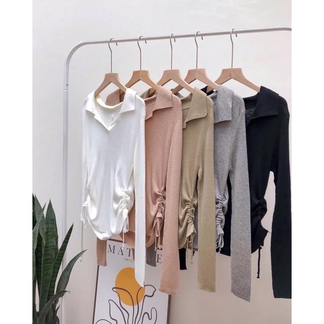 Áo len cổ bẻ dài tay rút dây cạnh 1 màu + kẻ ngang 76a35 by germe