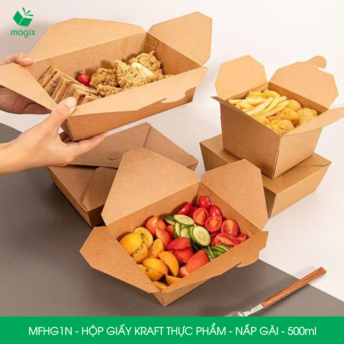 MFHG1N - 50 hộp giấy kraft thực phẩm 500ml, hộp giấy nắp gập màu nâu đựng thức ăn, hộp giấy nắp gài gói đồ ăn mang đi