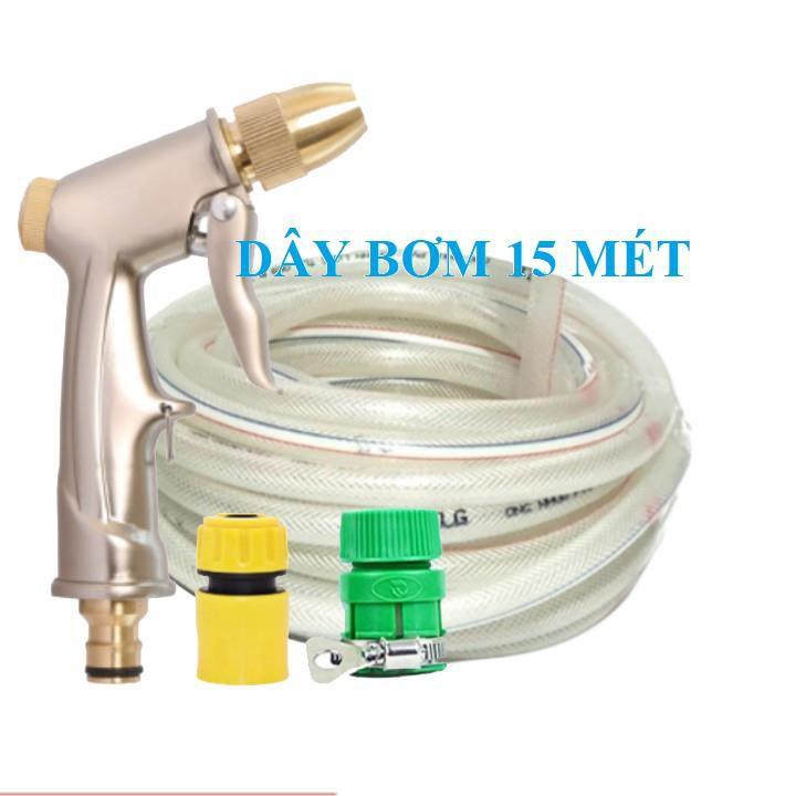 Bộ dây vòi xịt nước rửa xe, tưới cây . tăng áp 3 lần, loại 15m 206701-1 đầu đồng, cút, nối PE