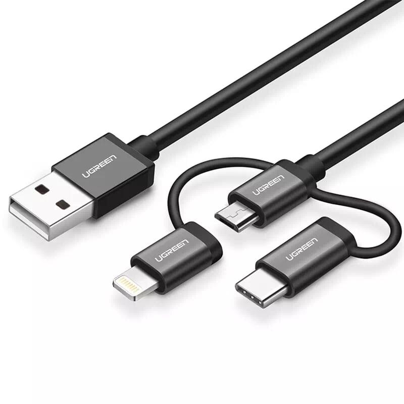 Ugreen UG30783US186TK 0.5M màu Đen Cáp sạc đa năng USB sang TypeC + Micro + Lightning - HÀNG CHÍNH HÃNG