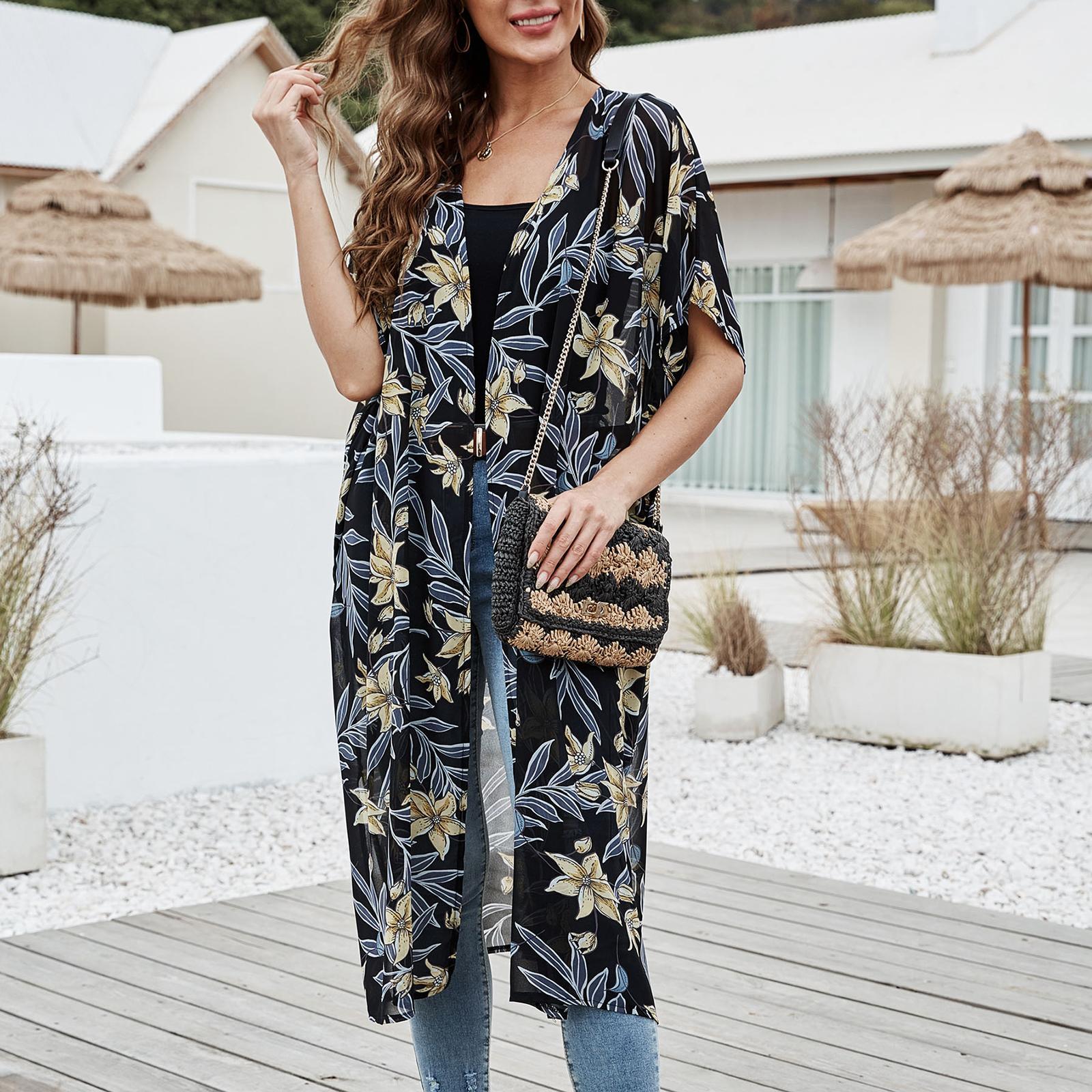 Women's Floral Kimono Cardigans Chiffon Casual Beach Swim Wear Loose Open Front Cover Up Tops Bohemian Sun Protection Cardigan Clothes