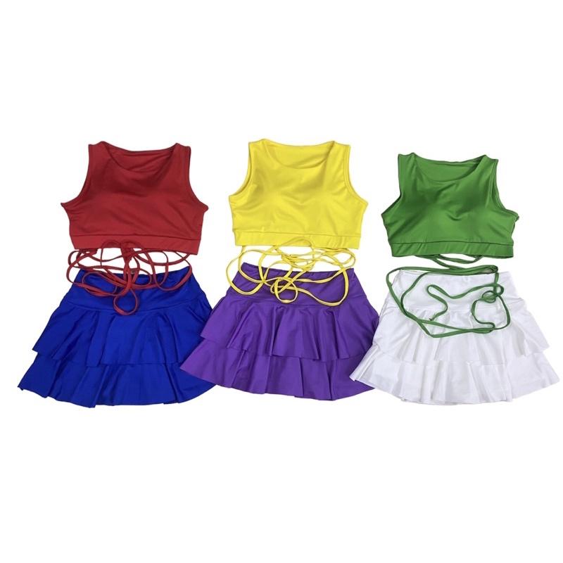 Set bộ đồ tập áo Bra quấn dây quần váy 2 tầng tập nhảy aerobic, kochan, gym, khiêu vũ, dân vũ, đồng phục biểu diễn nữ