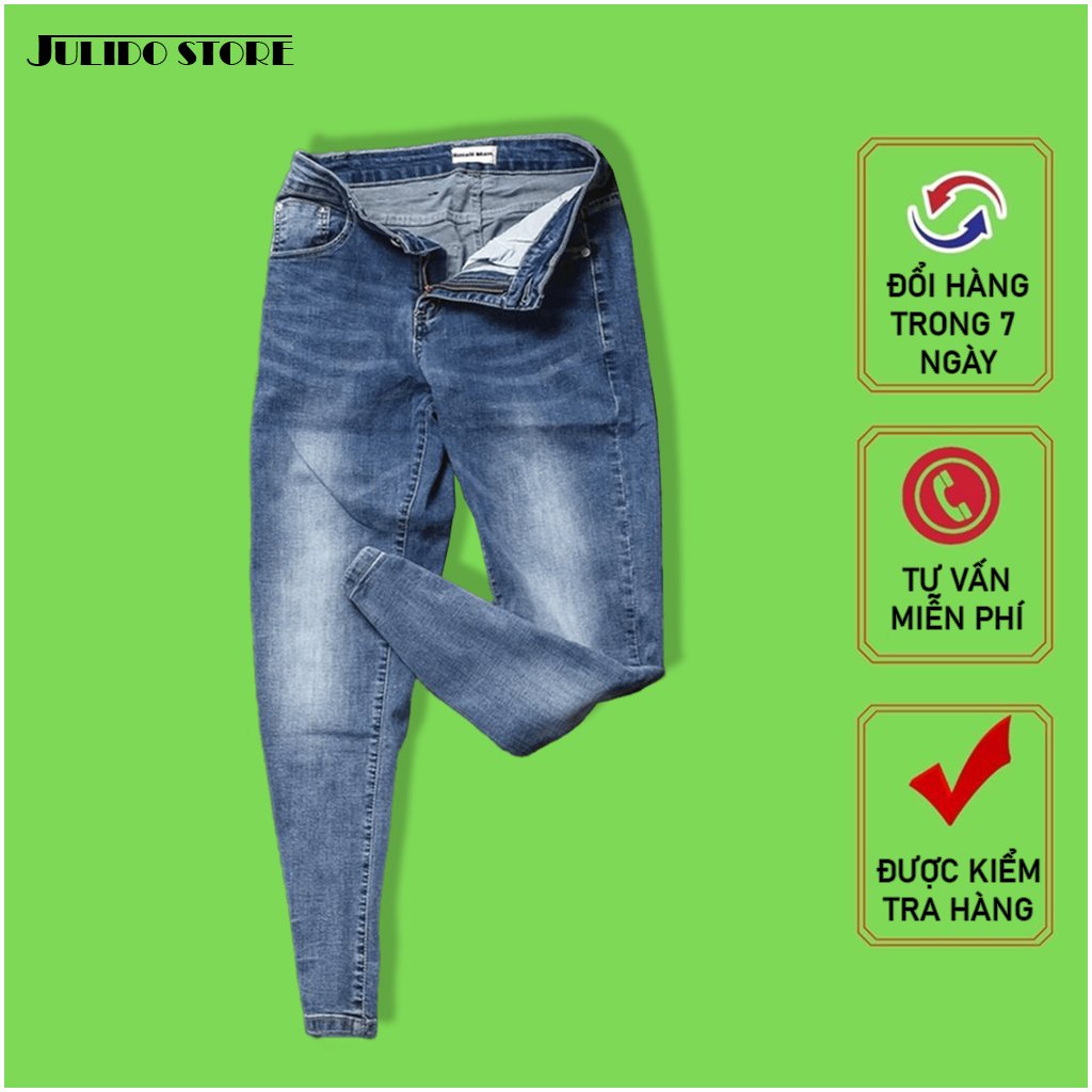 Quần Jeans Nam Co Dãn , Quần Bò Nam Kiểu Trơn Và Xước Thiết Kế Trẻ Trung Đơn Điệu Phá Cách Gồm 5 Kích Thước 28 - 32 Julido Mẫu Qjn099703 - Màu Xanh Phối Bạc - 29
