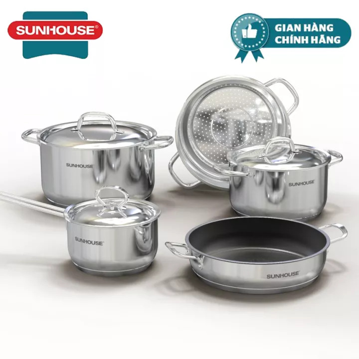 Bộ nồi chảo inox 5 đáy Sunhouse SHG995 dùng cho mọi loại bếp - Hàng chính hãng