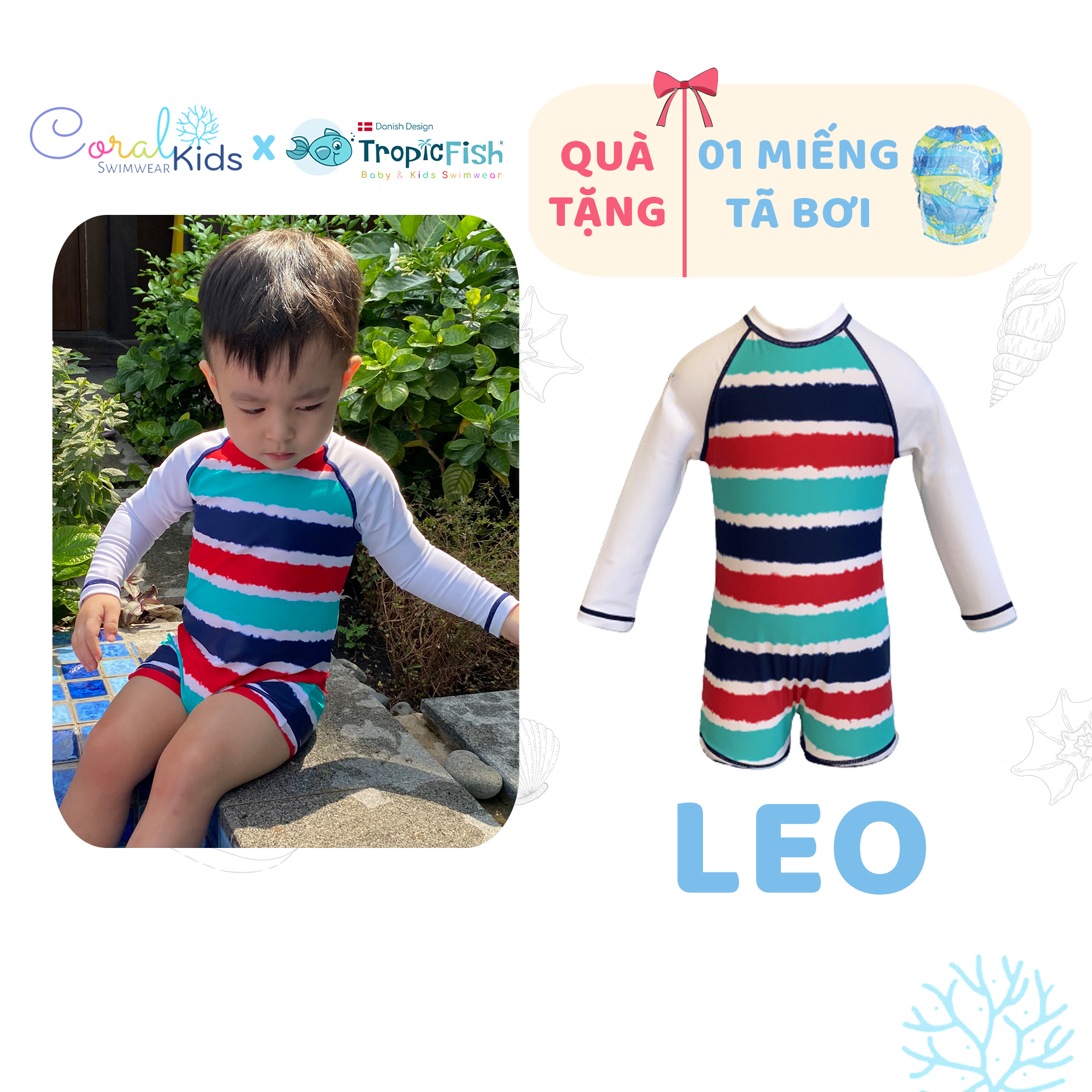 Đồ bơi chống nắng giữ nhiệt Coral Kids swimwear cho bé trai từ 6 tháng đến 4 tuổi - Leo Swimwear - Tặng tã bơi