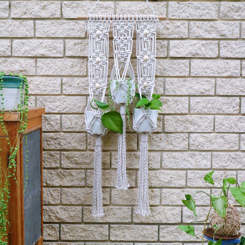 03 Giỏ Treo Hoa, Chậu Cây Trang Trí Treo Tường Nghệ Thuật Tết Dây Thủ Công Macrame. Trang Trí Nhà Cửa, Quán Cafe, Homestay. GHT03
