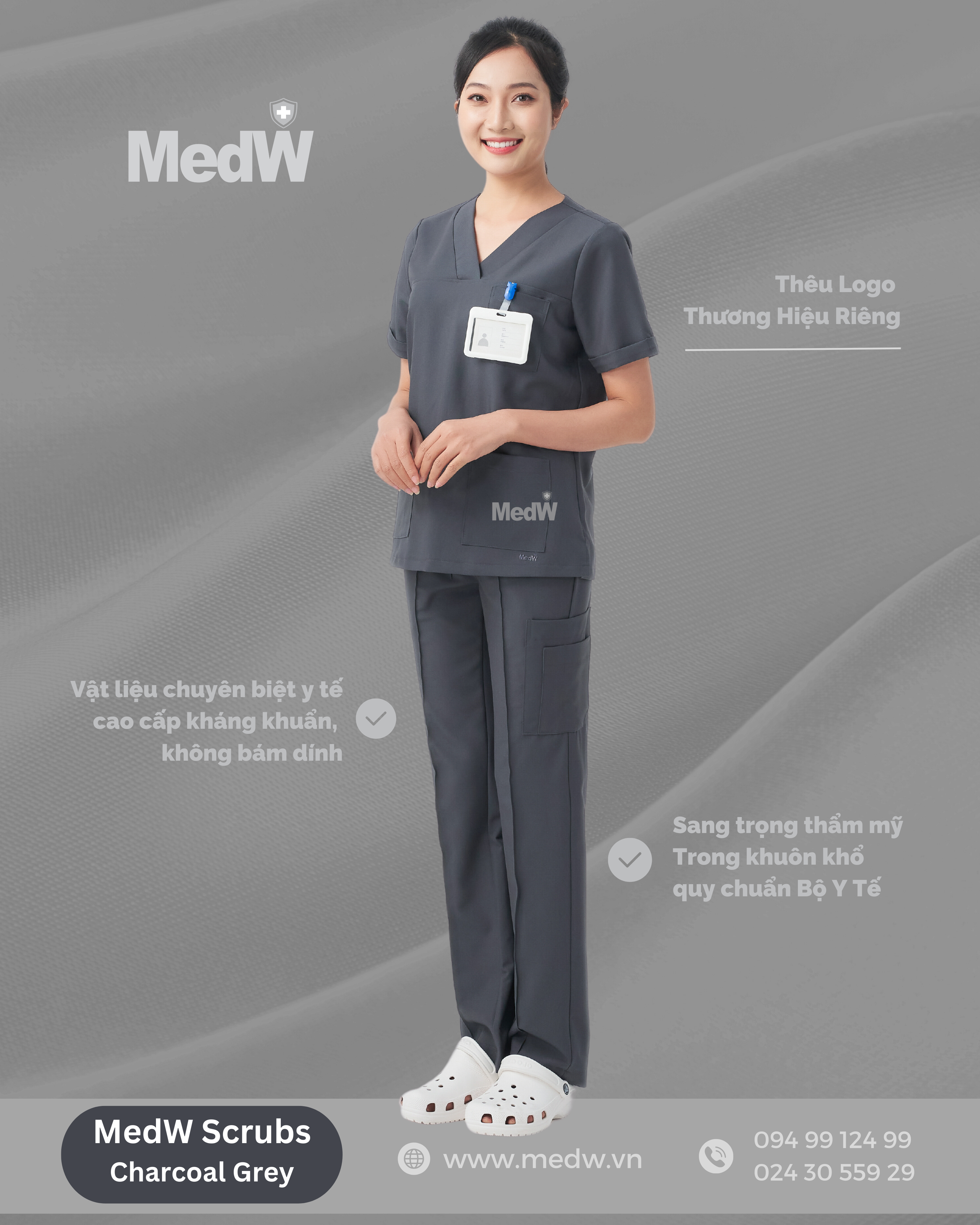 MedW Diana Bộ Scrubs Y Tế (Nữ) Mầu Xám Cổ Tim Trang Phục Y Tế Thẩm Mỹ Viện, Spa, Đồng Phục Y Tế Phòng Khám, Bệnh Viện. Bộ Quần Áo Y Tế Điều Dưỡng Bác Sĩ Thiết Kế Cách Tân, Vật Liệu Chuyên Biệt Kháng Khuẩn, Xếp Ly Giữ Dáng Không Nhăn. MedW Trang Phục Y Tế