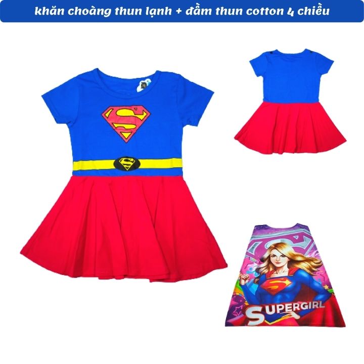 Đầm siêu nhân bé gái 11-26kg- Tặng kèm khăn choàng - thun cotton - thấm hút mồ hôi- Hình không bong tróc-Kiến Lửa