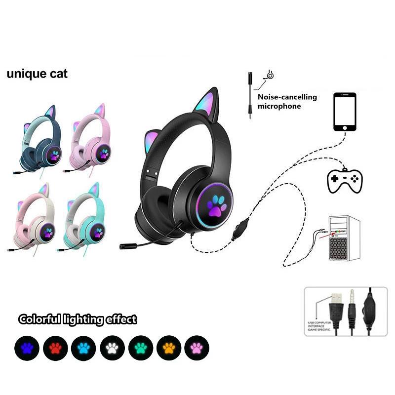 Mèo Tai Có Dây Tai Nghe Giảm Tiếng Ồn Dual Mic Tai Nghe LED Chơi Game Cho Máy Tính Laptop Game Thủ