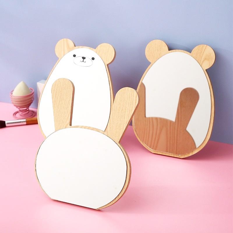 Gương để bàn, gương trang điểm khung gỗ họa tiết tai thỏ tai gấu mặt lưng có chân chống (GG02)