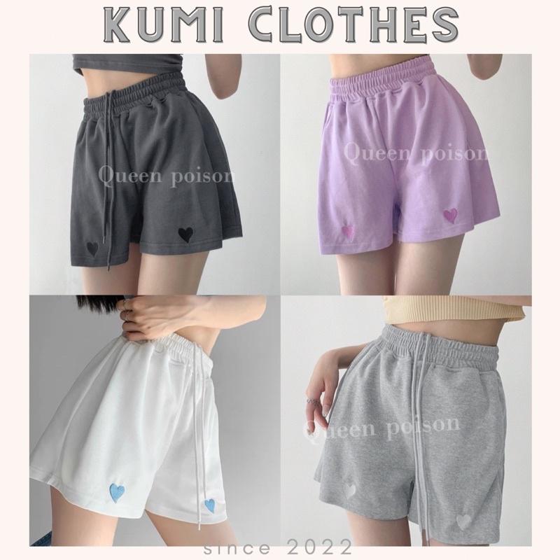 Quần Đùi Nữ Ống Rộng Thêu Trái Tim Cạp Chun Co Dãn 4 Màu