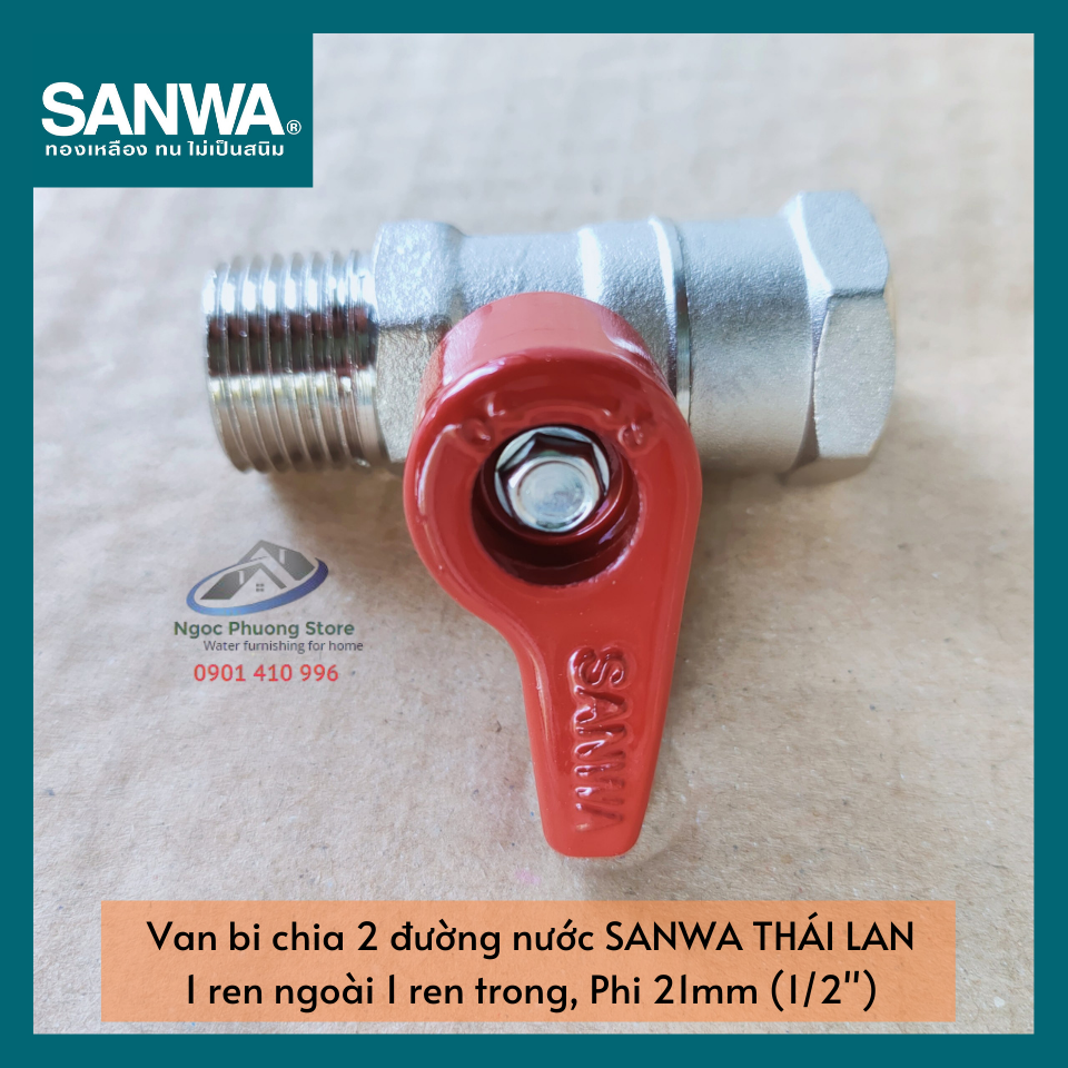 Van khóa nước bằng đồng 1 ren trong 1 ren ngoài Sanwa Thái Lan Phi 21mm (1/2&quot;) BV15MF