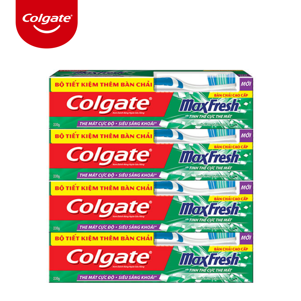 Combo Bộ 4 Kem đánh răng Colgate the mát thổi bùng sảng khoái Maxfresh 230g tặng bàn chải đánh răng lông tơ + tặng 1 Lốc Trident