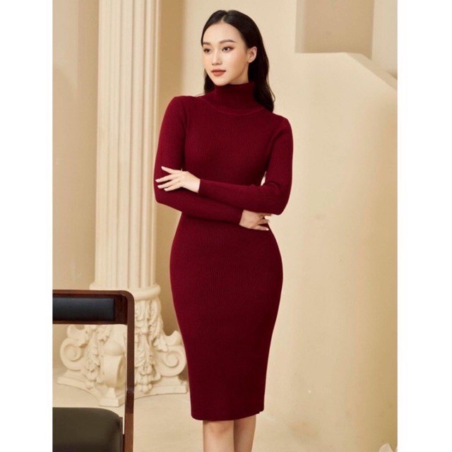 Váy len body dáng dài cổ lọ, đầm body len tăm cổ cao thu đông nhiều màu basic