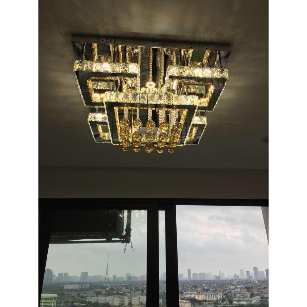 Đèn mâm pha lê vuông 411B , đèn trang trí phòng khách, ánh sáng 3 chế độ, phi 600mm Đèn có điều khiển từ xa