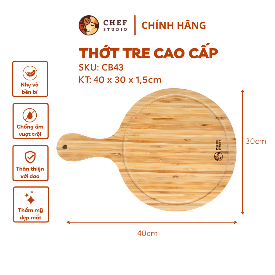 Thớt tre Chef Studio hình tròn có tay cầm 40x30x1.5cm, MSP-CB43. Cắt, thái rau củ, dùng decor, bày trí.