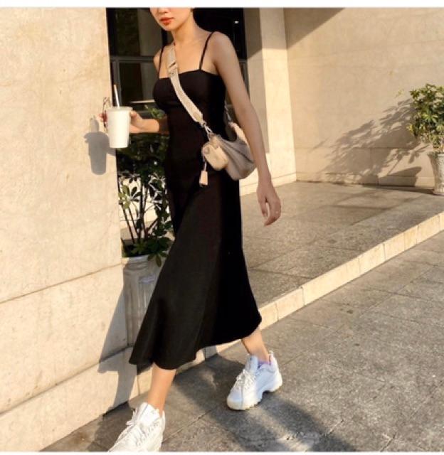 VÁY THUN DÂY XOÈ ĐEN DÁNG DÀI ĐẸP XUẤT SẮC