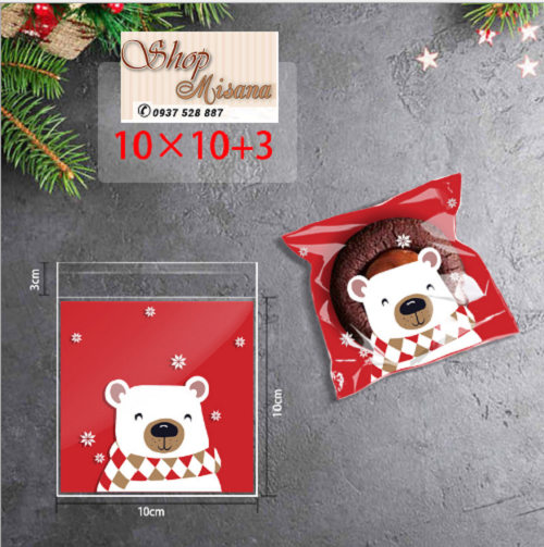 Combo 100 túi dán đựng bánh kẹo hình gấu trắng mùa noel, giáng sinh KT: 10x11cm