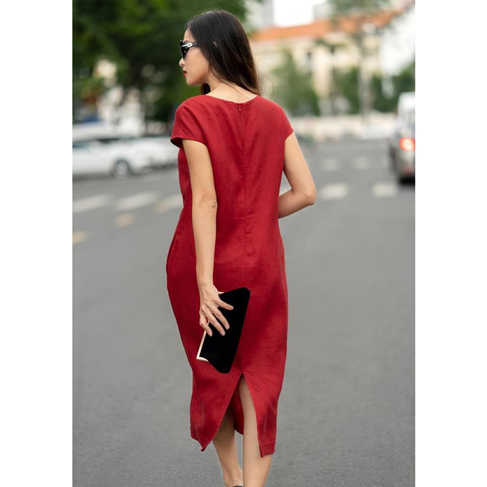 Đầm suông Linen nhập Hàn tay hến thêu hoa dáng bút chì, màu đỏ tươi diện tết trẻ trung ArcticHunter